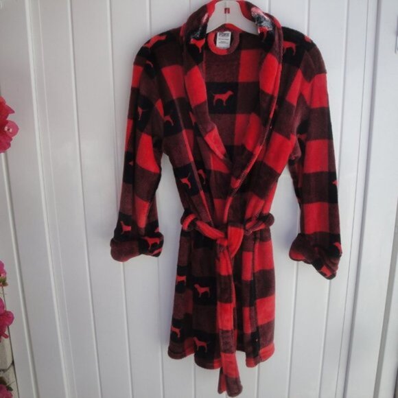 VS PINK Women's Robe XS-S Red & Black Buffalo Plaid Fleece - Picture 2 of 5